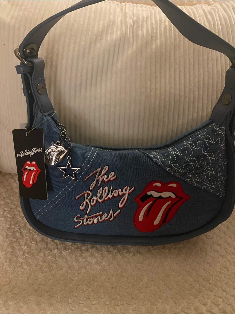 the Rolling Stones Blue Denim Embroidered Tongue Shoulder Bag